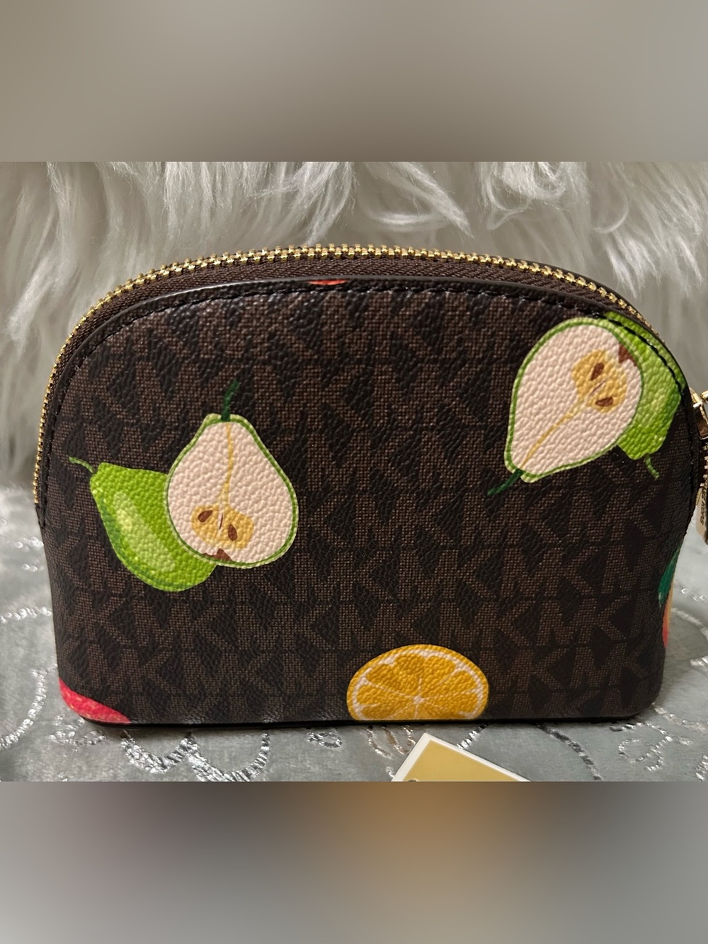 NWT Michael Kors Small Jet Brown Cosmetic Pouch-Pink/Green/Yellow Fruit Print - Picture 8 of 9